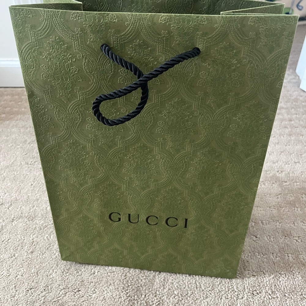 Gucci Olive Green Patterned shopping Bag with Black Handles